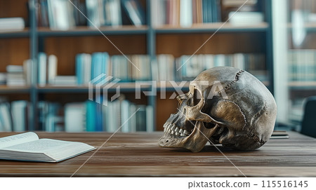 Human Skull Replica on a Wooden Desk in a Library Setting 115516145