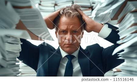Stressed Businessman Surrounded by Stacks of Paperwork 115516146
