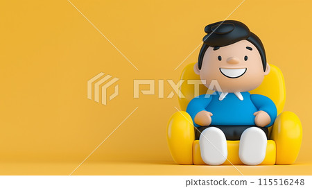 Smiling Cartoon Character Seated in Yellow Armchair 115516248