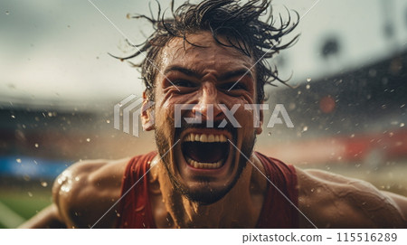Triumphant Runner Exults at the Finish Line on a Rainy Day 115516289