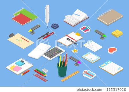 3D Isometric Flat Vector Set of Sketching, Various Tools for Hand Drawing 115517028