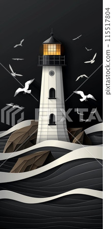 papercraft lighthouse with a glowing light sits on a stormy sea with birds flying around it. 115517804