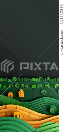 Papercut landscape with green hills, a yellow house, and a dark green background. 115517856