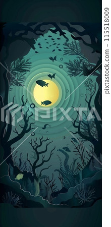 papercut illustration depicting an underwater scene with a large, luminous moon, silhouetted fish, and branching trees. 115518009