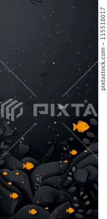 black and white papercut illustration depicting a school of orange fish swimming through a dark, wavy ocean. 115518017