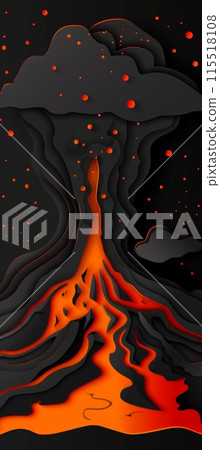 dark paper cutout design featuring a fiery orange lava flow erupting from the depths of a black volcanic mountain. 115518108