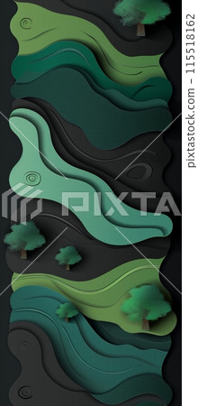 papercut illustration of a landscape with wavy hills and miniature trees, all in shades of green and black. 115518162