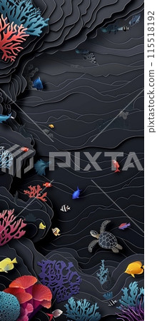 papercraft scene depicting a colorful ocean, featuring a coral reef, sea turtles, and various fish. 115518192
