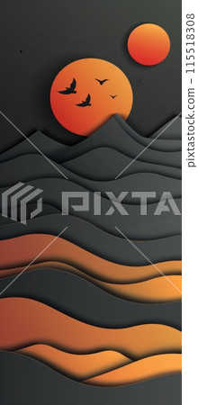 papercraft design featuring a sunset with birds flying over wavy hills. 115518308
