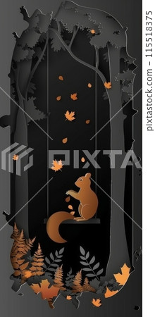papercut illustration of a squirrel swinging through a forest in autumn, with falling leaves and intricate details. 115518375