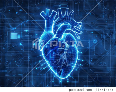 Digital hologram of a human heart with circuit background, representing medical technology and futuristic healthcare. Digital hologram of a human heart with circuit background, representing medical technology and futuristic healthcare. 115518573