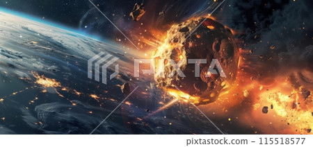 Dramatic asteroid impact on Earth with fiery explosion, showcasing a catastrophic cosmic event in deep space. 115518577