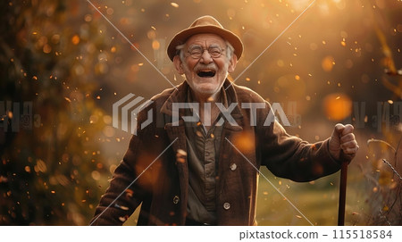 Elderly man enjoying a joyful moment outdoors in autumn, smiling and holding a walking stick under golden sunlight. Elderly man enjoying a joyful moment outdoors in autumn, smiling and holding a walking stick under golden sunlight. 115518584