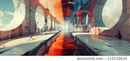 Futuristic abstract corridor with vibrant colors, geometric shapes, and dynamic light creating a surreal, imaginative atmosphere. 115518628