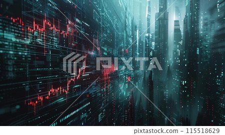 Futuristic cityscape with digital data visualization, showcasing abstract financial graphs and technology concepts in a cyberpunk style. Futuristic cityscape with digital data visualization, showcasing abstract financial graphs and technology concepts in a cyberpunk style. 115518629