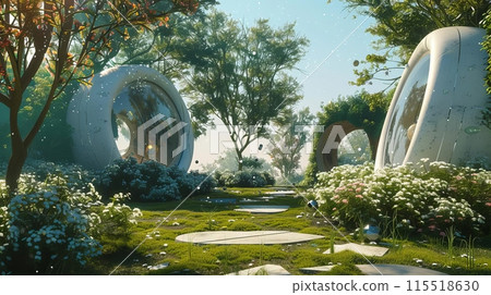 Futuristic eco-friendly homes with large windows in a lush garden setting featuring greenery, trees, and flowers on a sunny day. Futuristic eco-friendly homes with large windows in a lush garden setting featuring greenery, trees, and flowers on a sunny day. 115518630