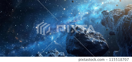 A breathtaking view of deep space with bright stars and distant galaxies, featuring an asteroid field in the foreground. 115518707