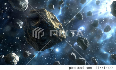 Scenic view of floating asteroids in space with bright stars and nebula in the background, illustrating the vast cosmos. 115518722