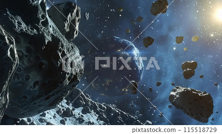 A detailed view of an asteroid field with space rocks and a distant planet illuminated by sunlight in the background. 115518729