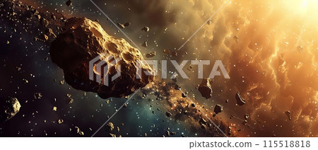 A stunning depiction of an asteroid field in outer space, showcasing floating space rocks with a vibrant celestial background and radiant light. A stunning depiction of an asteroid field in outer space, showcasing floating space rocks with a vibrant celestial background and radiant light. 115518818