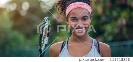 Smiling young woman holding a tennis racket outdoors, ready to play. She is dressed in athletic wear with a headband, simple and happy. 115518838