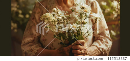 An elderly person holding a bouquet of fresh wildflowers, conveying warmth and nostalgia in a beautifully lit, serene environment. 115518887