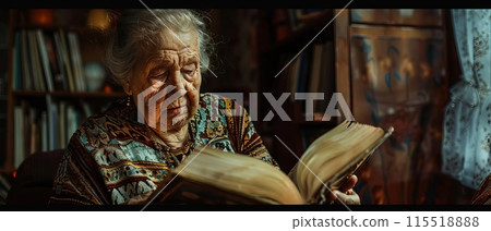 An elderly woman engrossed in an old book, surrounded by shelves of books, with a warm light illuminating the scene. 115518888