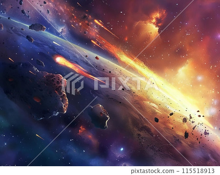 Breathtaking digital illustration of a cosmic scene featuring a dramatic asteroid collision in deep space with vibrant colors and radiant light. 115518913