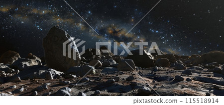 Breathtaking view of a rocky surface in space, featuring distant stars and galaxies in the vast, dark universe. 115518914