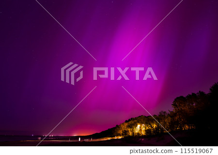 Stunning display of purple and pink aurora borealis over Jurmala, Latvia. Darkened beach and tree silhouettes create a captivating coastal landscape. Stunning display of purple and pink aurora borealis over Jurmala, Latvia. Darkened beach and tree silhouettes create a captivating coastal landscape. 115519067