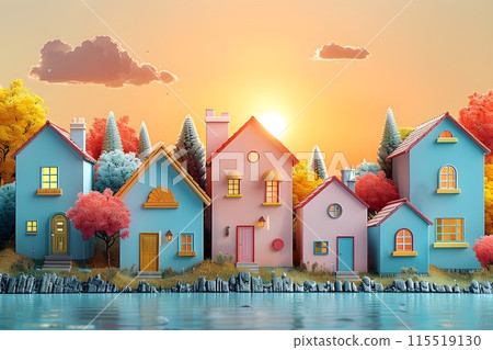 照片 7 排列整齊的彩色房屋 AI 生成影像 115519130