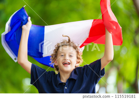 Child with French flag. Kid cheering for France. Child with French flag. Kid cheering for France. 115519181