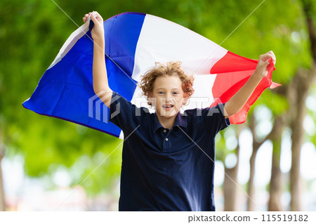 Child with French flag. Kid cheering for France. Child with French flag. Kid cheering for France. 115519182