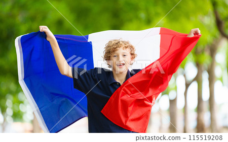 Child with French flag. Kid cheering for France. Child with French flag. Kid cheering for France. 115519208