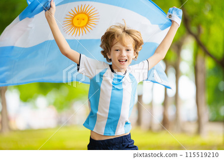 Child running with Argentina flag. Argentinian fan 115519210