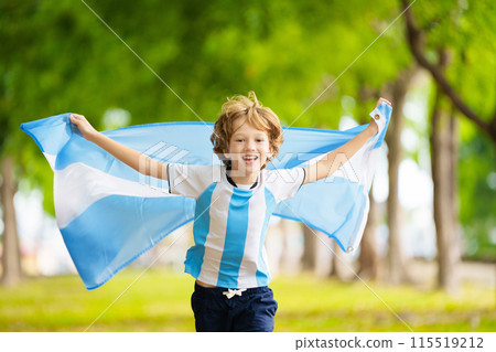 Child running with Argentina flag. Argentinian fan 115519212