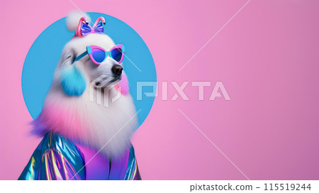 Funny dog wearing summer fashion on pastel background. Summer Vacation Concept. 115519244