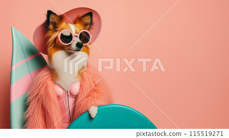 Funny dog wearing summer fashion on pastel background. Summer Vacation Concept. 115519271