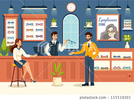 Vector Illustration of an Eyeglasses Store or Optical Shop featuring Accessories, an Optician, Vision Checking, and Eyeglasses in a Flat Background 115519301