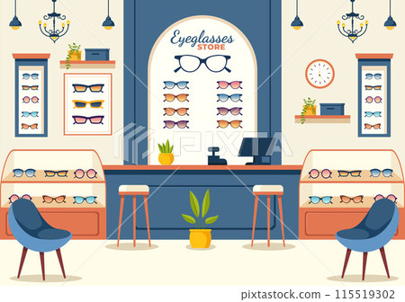 Vector Illustration of an Eyeglasses Store or Optical Shop featuring Accessories, an Optician, Vision Checking, and Eyeglasses in a Flat Background 115519302