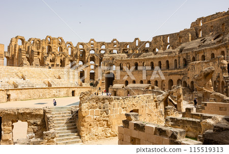 Impressive ruins of the largest colosseum in North Africa, huge Roman amphitheater in small village of El Jem, Tunisia Impressive ruins of the largest colosseum in North Africa, huge Roman amphitheater in small village of El Jem, Tunisia 115519313