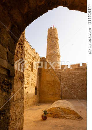 Ribat of Monastir, Islamic defensive structure, located in Monastir, Tunisia. Picturesque view from arch 115519344