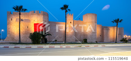Ribat in Monastir in night illumination, Tunisia. Islamic defensive structure. It is oldest ribat built by Arab conquerors during Muslim conquest of Maghreb Ribat in Monastir in night illumination, Tunisia. Islamic defensive structure. It is oldest ribat built by Arab conquerors during Muslim conquest of Maghreb 115519648