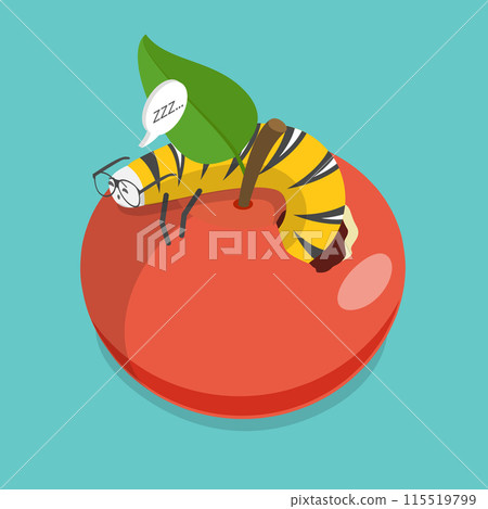 3D Isometric Flat Vector Illustration of Cute Cartoon Caterpillar, Bitten Apple 115519799