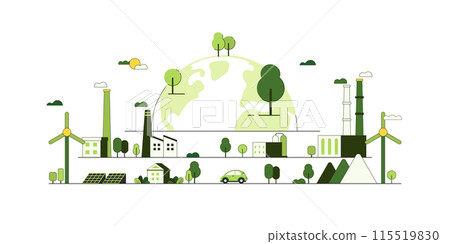 Green Nature Landscape. Green Energy Concept. Sustainable renewable energy sources. Environmental, Social, and Corporate Governance concept. Flat Vector illustration. 115519830