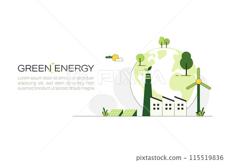 Green Industry. Green Energy Concept. Sustainable renewable energy sources. Environmental, Social, and Corporate Governance concept. Flat Vector illustration. 115519836
