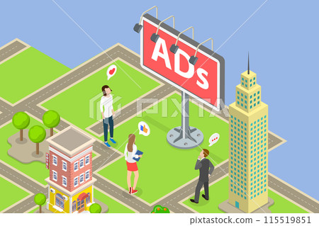3D Isometric Flat Vector Illustration of City Street Marketing , Effective Advertising Campaign 115519851