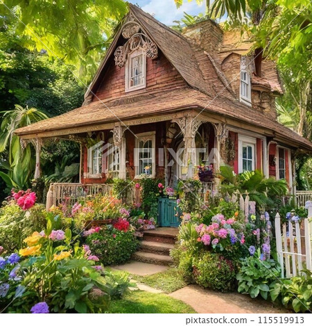 An overseas-style cottage surrounded by greenery and flowers 115519913