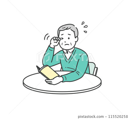 Illustration of an elderly man with blurred vision rubbing his eyes 115520258