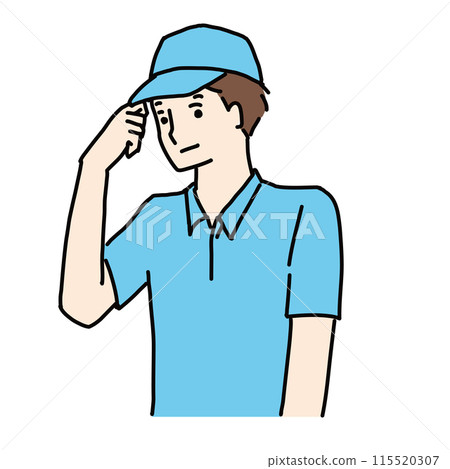 Line drawing illustration of a young male worker greeting with his hat Line drawing illustration of a young male worker greeting with his hat 115520307